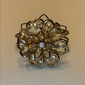 Lucite Plastic Bracelet Metal Hinged Gold Tone Rhinestone Center Three Layer